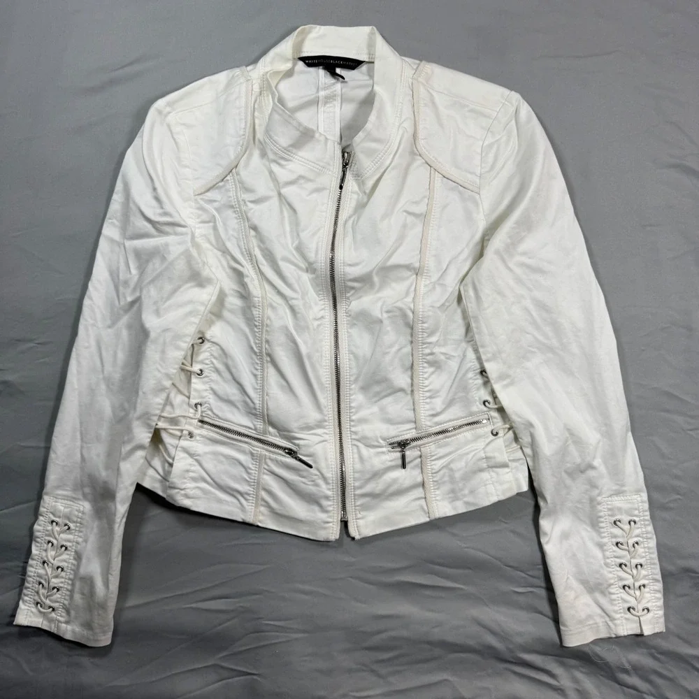 White House Black Market White Lace Up Side Moto Jacket Sz 8 Zip Front Biker
